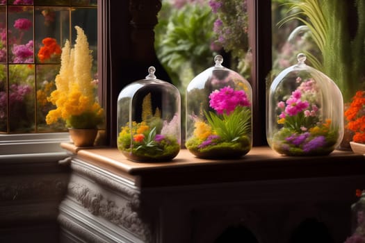 Lots of florariums on the shelves of a flower store, florariums are mini gardens in a glass container. Generative AI