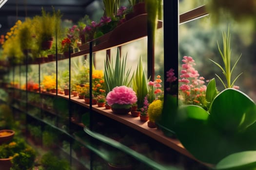 The premise of a large flower store, which sells different kinds of plants and florariums. Generative AI.