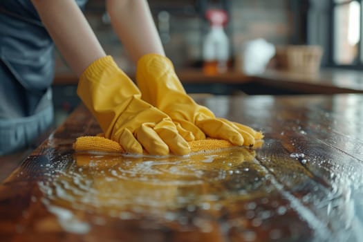 Closeup hand of maid wiping water on wooden table.