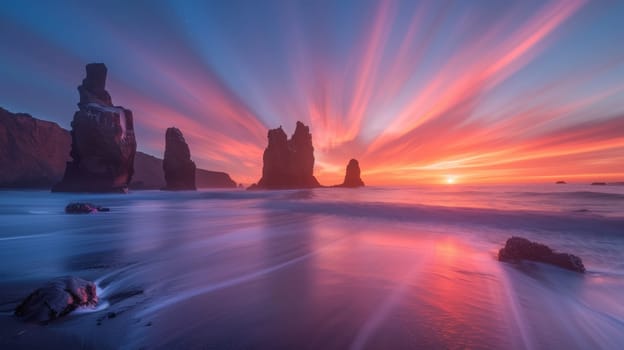 A beautiful sunset over the ocean, with a rocky shoreline in the background. The sky is filled with pink and orange hues, creating a serene and peaceful atmosphere