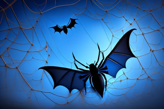 Halloween background with black bats, spider webs on blue background. Horrible background with space to copy your design. Halloween decoration concept. Generative AI