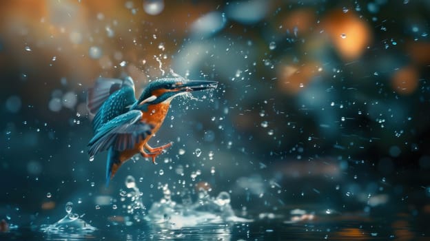 Kingfisher flying in the rain with water droplets in artistic nature background for travel and wildlife enthusiasts