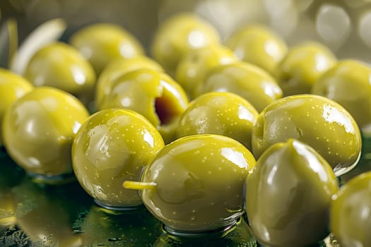 Close-up on ripe green olives marinated with spices. Healthy food, Mediterranean cuisine.