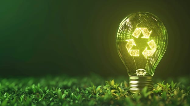 A light bulb with glowing recycling symbol inside on green background, Concept of eco friendly.