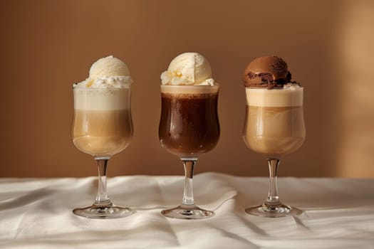 Three glasses of coffee with whipped cream on top. The glasses are arranged in a row on a table