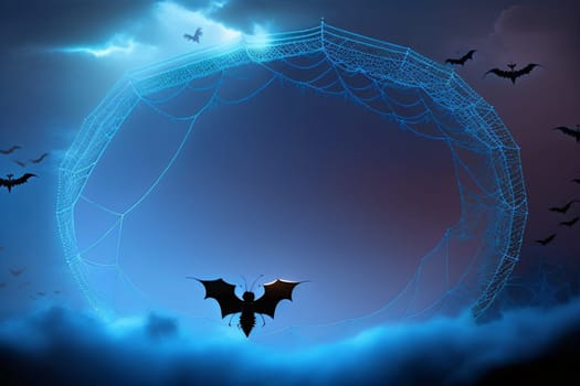 Halloween background with black bats, spider webs on blue background. Horrible background with space to copy your design. Halloween decoration concept. Generative AI