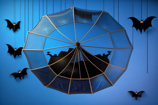 Halloween background with black bats, spider webs on blue background. Horrible background with space to copy your design. Halloween decoration concept. Generative AI