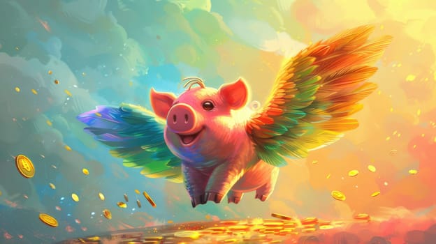 A piggy bank with rainbow angel wings and gold coin flying, A piggy bank for creative financial, Savings concept design.