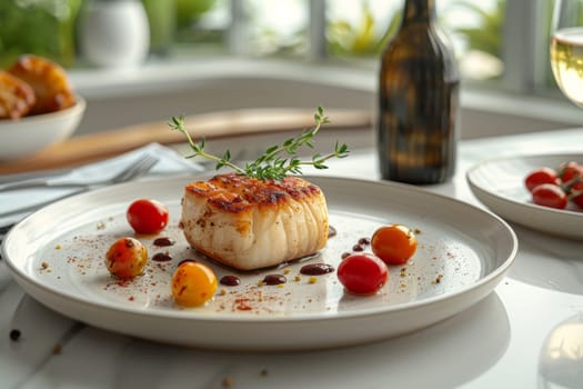 A plate of food with a piece of fish and tomatoes on it. The plate is set on a table with a bottle of wine in the background