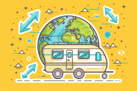 Traveling rv adorned with earth and arrows pointing towards it as a symbol of global exploration and adventure