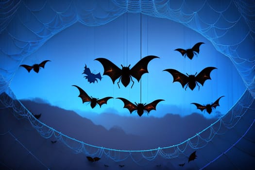 Halloween background with black bats, spider webs on blue background. Horrible background with space to copy your design. Halloween decoration concept. Generative AI