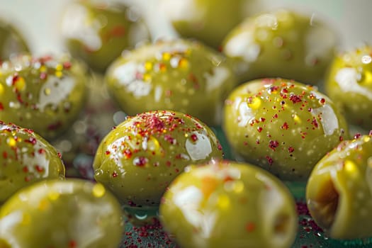 Close-up on ripe green olives marinated with spices. Healthy food, Mediterranean cuisine.