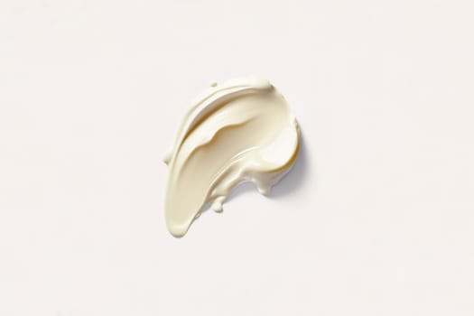 Textured smear of white cosmetic cream on an isolated white background. It can also be polyglutamic acid, hyaluronic acid or serum with ceramides, peptides, retinol molecules. The concept of beauty and health. Flat styling style with copy space. Generative AI