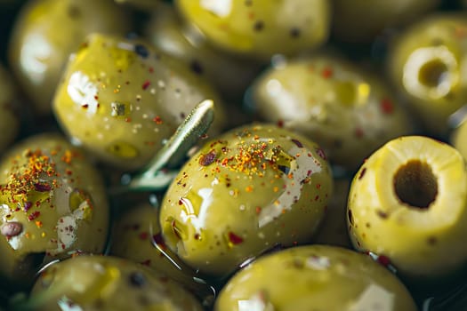 Close-up on ripe green olives marinated with spices. Healthy food, Mediterranean cuisine.