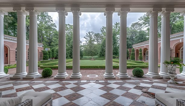 The building features a large porch with columns and a checkered composite flooring. The facade is adorned with plants and the landscape includes grass and trees