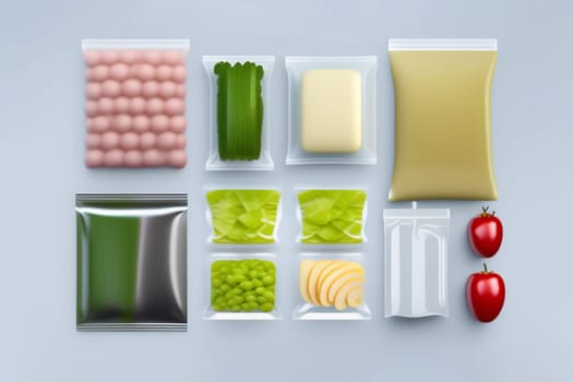 A set of products for dinner: cheese, tomatoes, eggs, green peas, onions, green salad, olive oil sauces and spices. A set for the delivery of food for dinner on a light background. I cook at home. Products in vacuum packaging. Generative AI