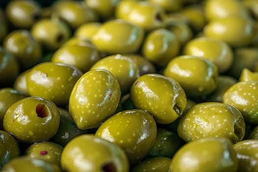 Close-up on ripe green olives marinated with spices. Healthy food, Mediterranean cuisine.