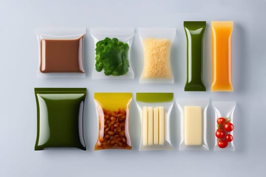 A set of products for dinner: cheese, butter, broccoli, beans, tomatoes, herbs, sauces and spices. A set for the delivery of food for dinner on a light background. I cook at home. Products in vacuum packaging. Generative AI.