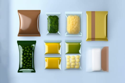 A set of products for dinner: cheese, potatoes, broccoli, beans, beef, herbs, green salad, sauces and spices. A set for the delivery of food for dinner on a light background. I cook at home. Products in vacuum packaging. Generative .