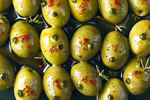 Close-up on ripe green olives marinated with spices. Healthy food, Mediterranean cuisine.