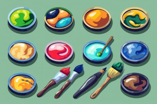 Variety of paint brushes and pots on green background with paint and paint brushes writing