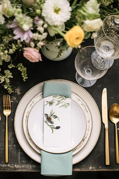 Floral wedding table decor, holiday tablescape and dinner table setting, formal event decoration for wedding reception, family celebration, English country and home styling inspiration