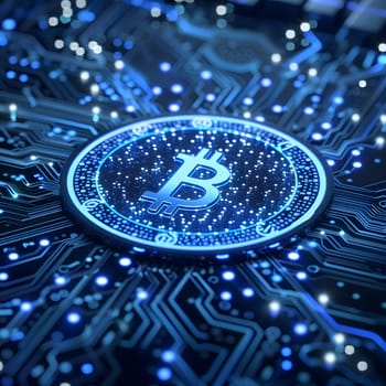 A detailed shot of an electric blue bitcoin symbol on a motherboard, showcasing a futuristic pattern and representing the fluidity of technology