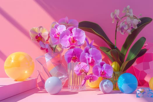 Colorful easter flowers and eggs in 3d on pink background, holiday celebration concept with spring theme