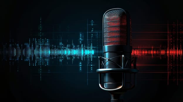 Microphone for broadcasting or podcast with waveform on blue background.