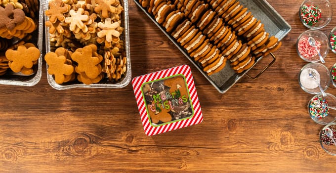 Lovingly homemade gingerbread and sugar cookies, half-dipped in rich chocolate, nestled in decorative Christmas tin boxes perfect for seasonal gifting.