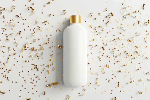 Luxurious white bottle with gold cap surrounded by confetti and gold stars on white background