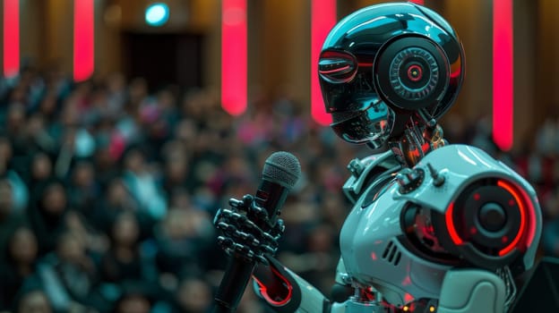 A robot is standing in front of a crowd of people, holding a microphone. The robot is wearing a red jacket and has a red microphone. The robot is giving a speech, and the audience is watching intently