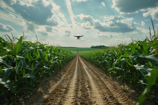 Drone capturing aerial view of beautiful corn field with scenic dirt road through rural landscape