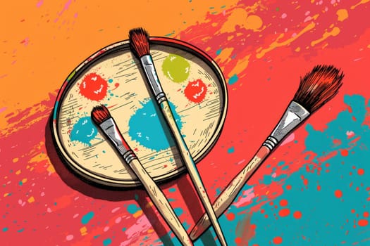 Artistic tools paint brushes and pot on a background of colorful splatters for creative projects and inspiration