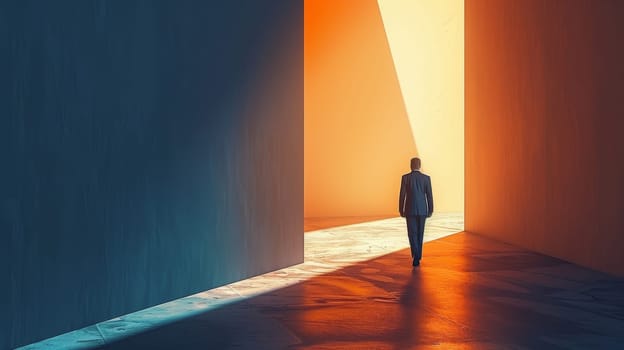 A man walks through a tunnel with a sunset in the background. The tunnel is empty and the man is the only person in the scene