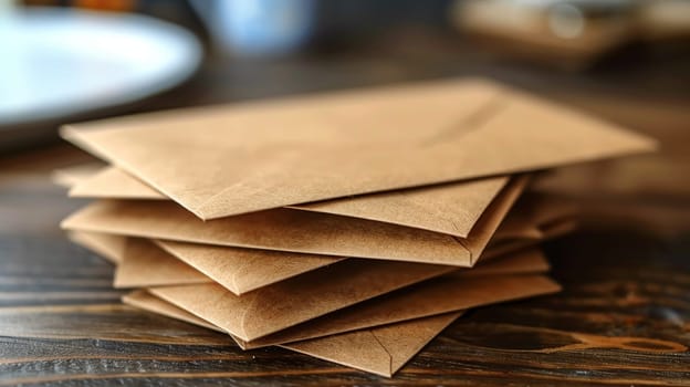 A stack of colorful envelopes on a wooden table. The envelopes are arranged in a rainbow pattern, with each envelope a different color. Concept of joy and celebration