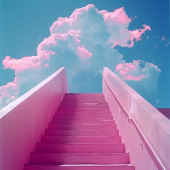 A pink sky with a staircase in the clouds. The image has a dreamy and whimsical mood, as if the viewer is looking up at a magical world