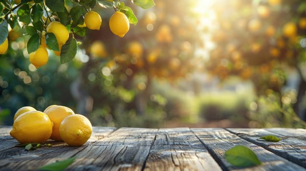 A rustic wooden table place of free space for your decoration and lemon trees, Wooden table place with lemon.