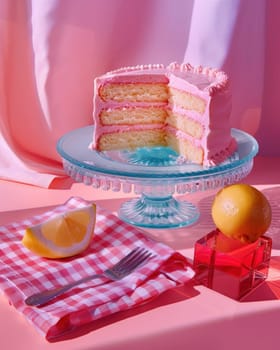 Pink cake slice with fork and knife on table for beauty and artistic indulgence