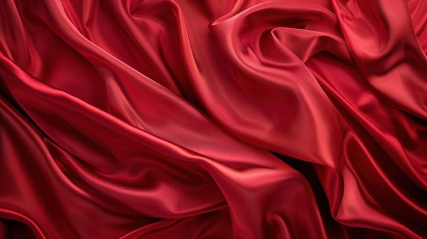 Red satin fabric with folds and pleats, textile texture close up for fashion, beauty, and art design concept