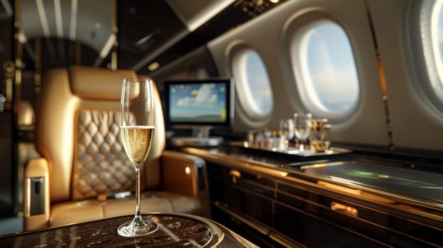 A luxurious airplane with two leather seats and a champagne glass. Private seat on private jet.