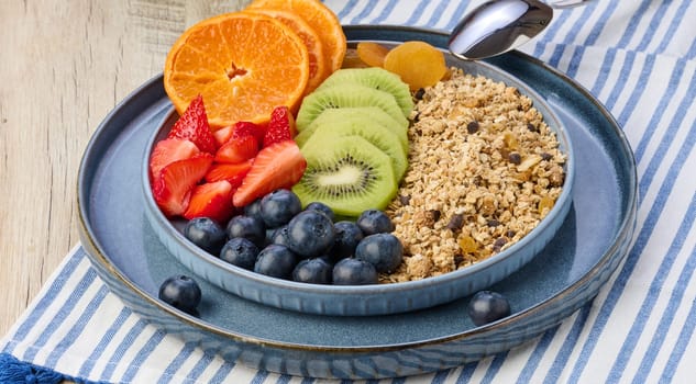 Granola with strawberries, kiwi, banana and blueberries in a round plate on a white table. Healthy and delicious food