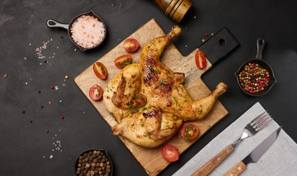 Whole fried chicken with spices on a wooden board on a black table, top view