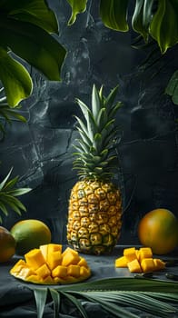 Ananas, mango, and other tropical fruits are displayed on a table. These natural foods come from Arecales plants, making them a delicious and healthy choice for any meal