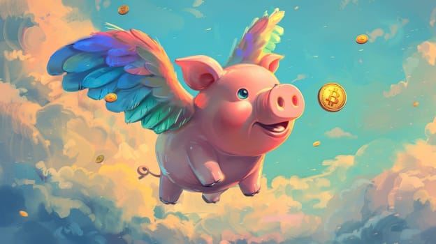 A piggy bank with rainbow angel wings and gold coin flying, A piggy bank for creative financial, Savings concept design.