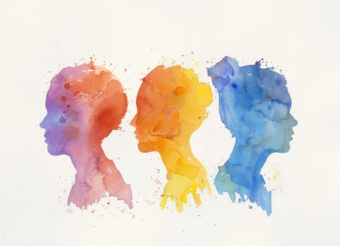 Colorful watercolor abstract illustration of three women heads with unique facial expressions and background, artistic beauty portrait concept for creative designs