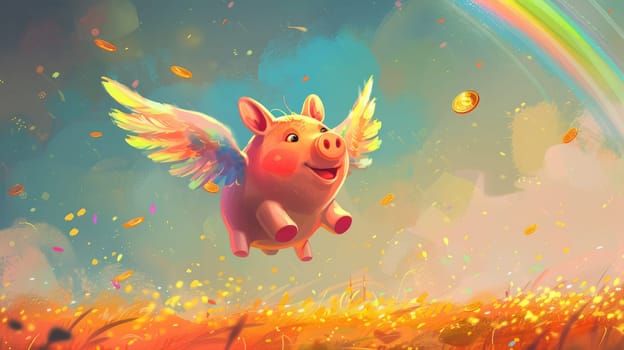 A piggy bank with rainbow angel wings and gold coin flying, A piggy bank for creative financial, Savings concept design.