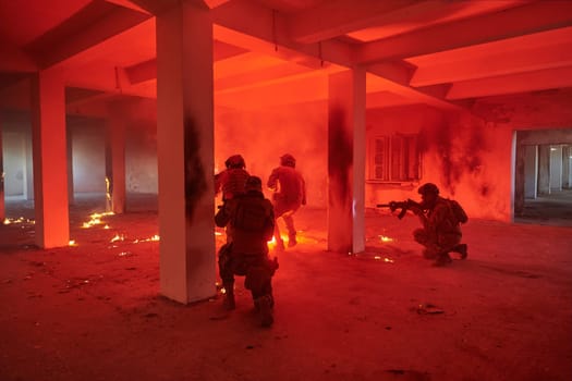 A group of professional soldiers bravely executes a dangerous rescue mission, surrounded by fire in a perilous building