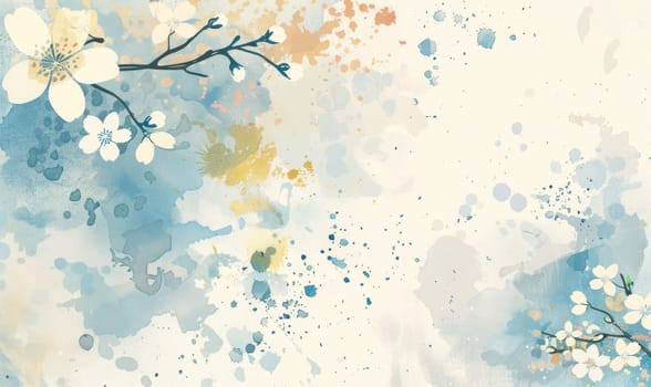 Colorful floral watercolor painting on white background with blue and yellow splatters for art and beauty concept