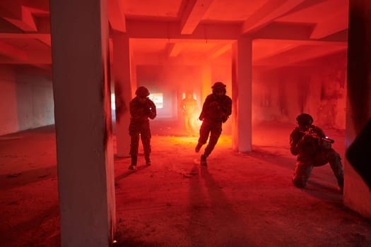 A group of professional soldiers bravely executes a dangerous rescue mission, surrounded by fire in a perilous building